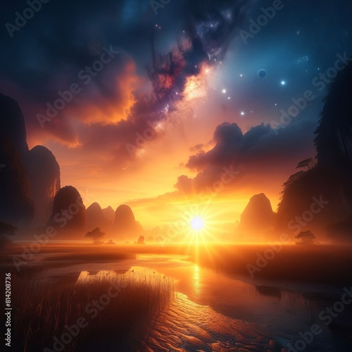 Golden Dawn: Summer Solstice Sunrise Paints the Sky in Splendor. Longest Day Light: Sun Rises Majestically on the Summer Solstice. generative AI