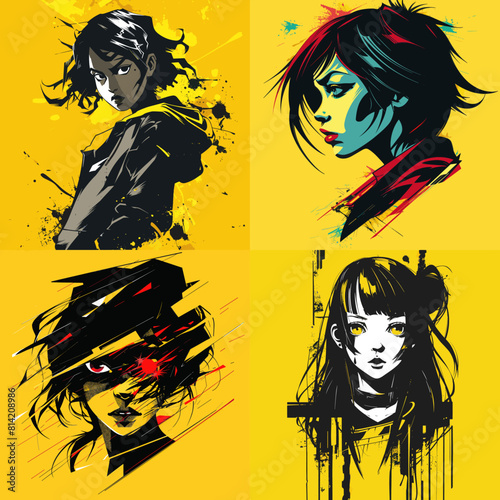 Bold female portraits in cyberpunk and grunge style on bright yellow backgrounds. Edgy digital illustrations with abstract strokes, strong expressions, and futuristic vibes.