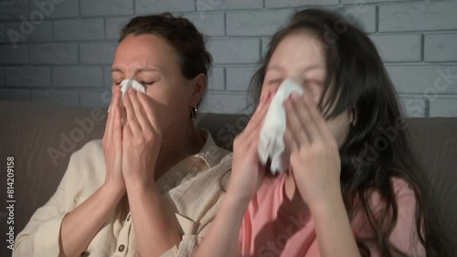 Daughter and mother has cold on sofa. A view of sneezing mother with child pass time in bed during virus infection.