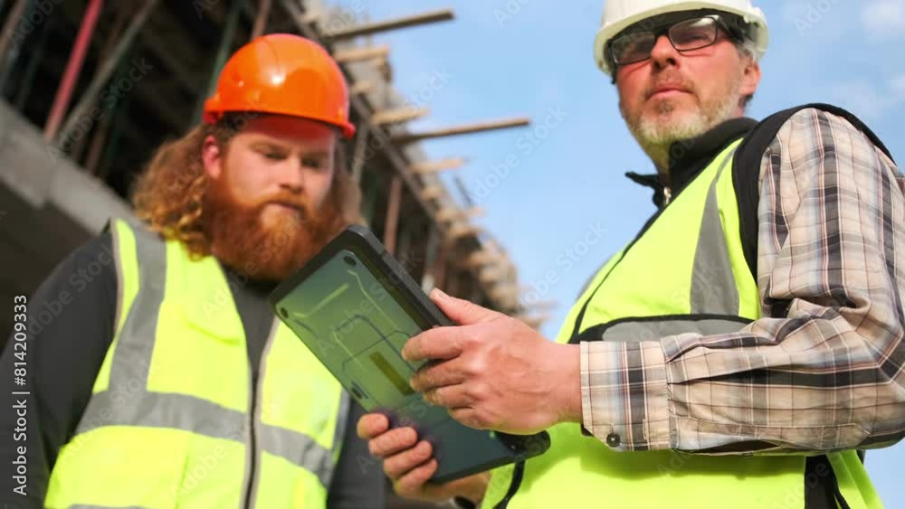 Engineer and manager team planning with tablet at construction site, discussing blueprint design or collaboration meeting, low angle, soft focus. Engineer and manager team planning with tablet at construction site, discussing blueprint design or collaboration meeting, low angle, soft focus.