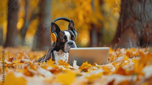 Funny Boston Terrier in headphones and with a laptop 