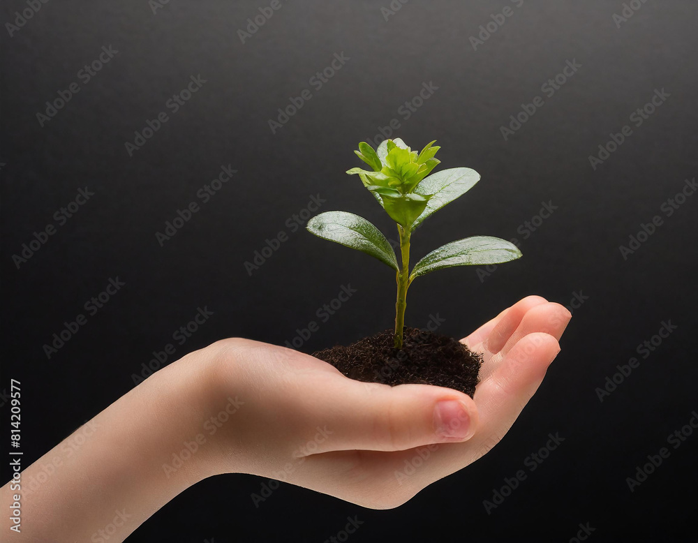 Small plant on children's little hand, ecology, black background, product photography Small plant on children's little hand, ecology, black background, product photography