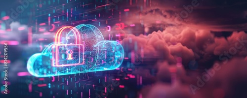 An abstract concept of an encrypted cloud storage solution, with data securely floating in a digital cloud locked with a digital padlock