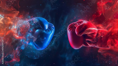 Red vs blue. Two boxing gloves hitting each other. Fist punching boxing gloves with clouds of steam or smoke on dark background. Sport hit hook kick knock box sparring competition. photo