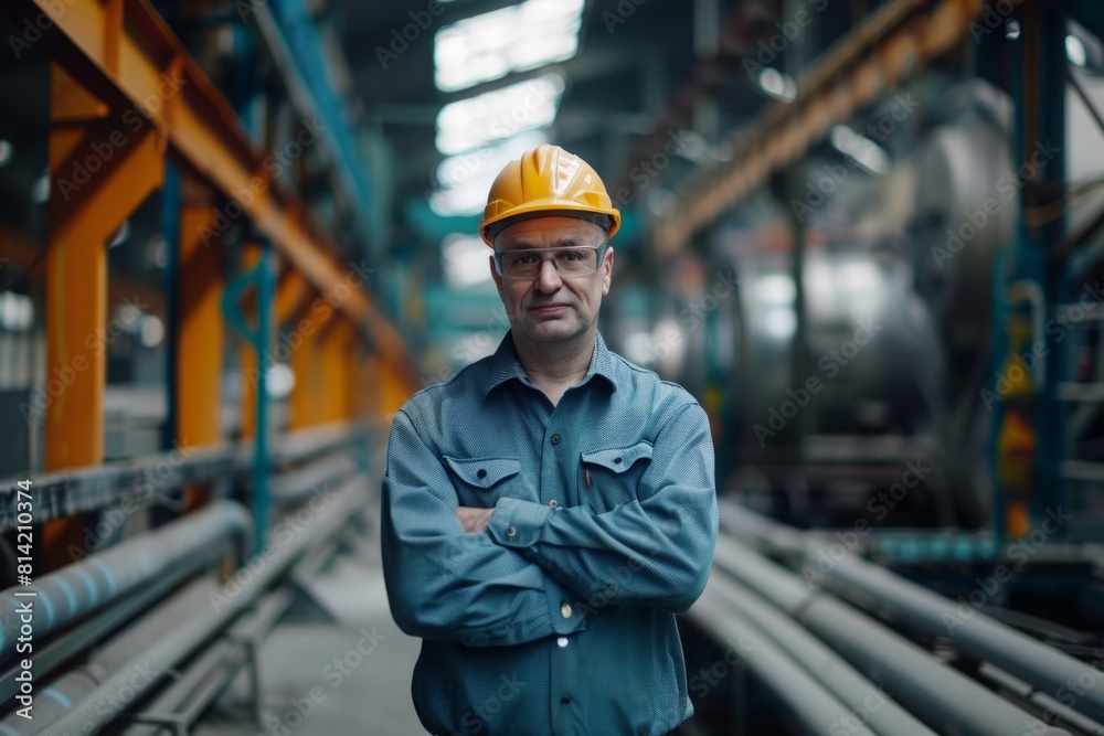 Portrait of an engineer in safety glasses and uniform, arms crossed on his chest. Professional assembly plant specialist. Portrait of an engineer in safety glasses and uniform, arms crossed on his chest. Professional assembly plant specialist.