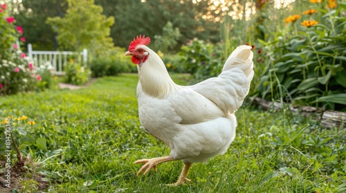 Free range white leghorn chickens in the summer garden