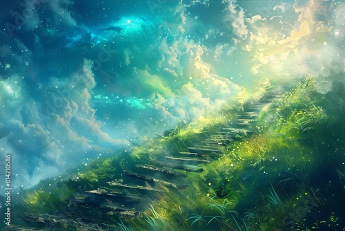 ethereal grass stairway to celestial realm surreal fantasy landscape digital painting