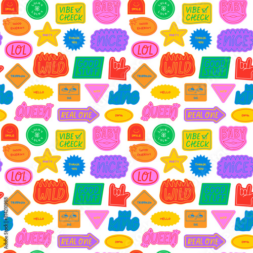 Fun colorful sticker seamless pattern. Retro comic style cartoon background illustration. Doodle quote label wallpaper print, funny chat texture with modern slang and positive words. © Dedraw Studio