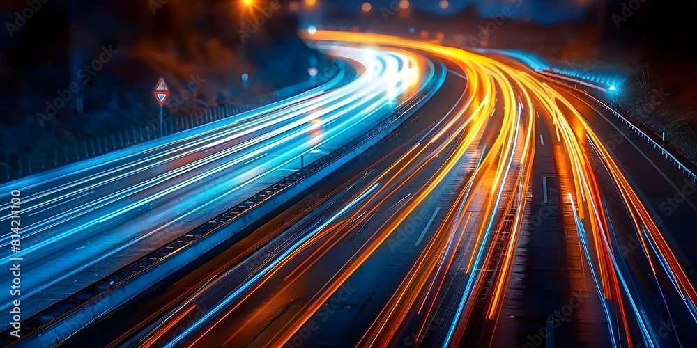 Nighttime highway long exposure capturing vibrant light trails of fast-moving cars symbolizing modern bustle. Concept Night Photography, Long Exposure, Light Trails, Highway, Urban Life