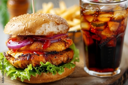 gourmet chicken burger with fresh lettuce and melted cheese served with icecold cola photo