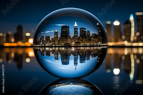 City Reflection in Crystal Globe at Twilight