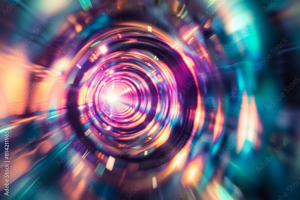 Obraz premium A visually captivating digital image of a neon light tunnel with swirling, dynamic patterns and futuristic vibes.