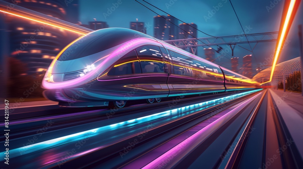 Fototapeta premium A sleek, futuristic train speeds along a vibrant track through a modern cityscape at dusk, highlighted by dynamic neon lighting.
