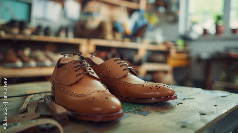 Handmade woman shoes and blurred background of workspace Handmade woman shoes and blurred background of workspace