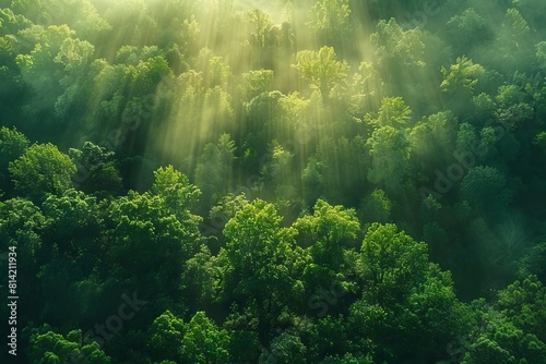 lush green forest canopy with sunlight filtering through dense foliage aerial view
