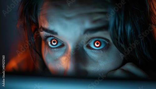 An intense scene showing a users face reflected in a computer screen, with a phishing warning popup causing visible concern photo