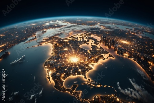 Illuminated network lines and glowing nodes overlaying North America on a globe at night