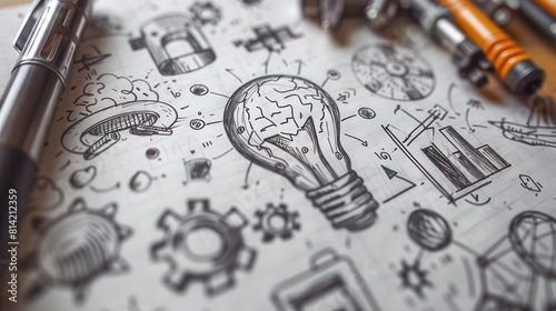 A hand-drawn doodle of a light bulb on a piece of paper, showcasing artistic expression and imagination