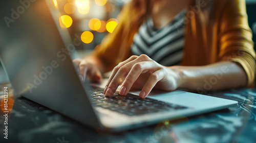 A woman in a cozy setting, engrossed in typing on a laptop computer, her fingers dancing effortlessly on the keyboard