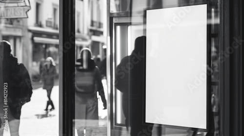Loja boutique vitrine com maquete de sinal de cartaz publicitário branco em branco e reflexo de pessoas andando na rua comercial da cidade photo