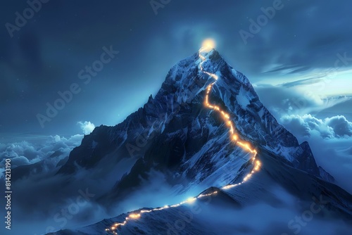 path to success glowing climbing route leading to mountain peak business journey concept