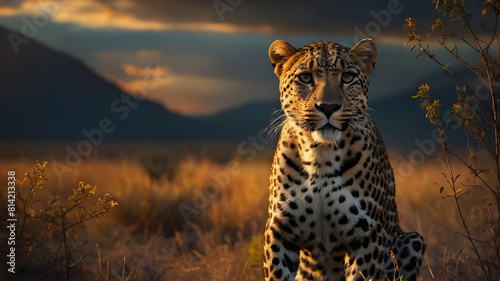  a leopard in a natural habitat during what appears to be either sunrise or sunset, given the warm golden light illuminating the scene. The leopard is the central subject of the photograph, positioned © WhiteRock