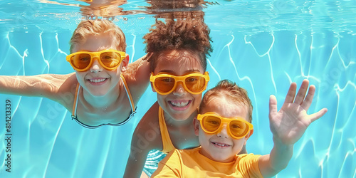 Three kids enjoying summer in a swimming pool, wearing yellow goggles for underwater fun