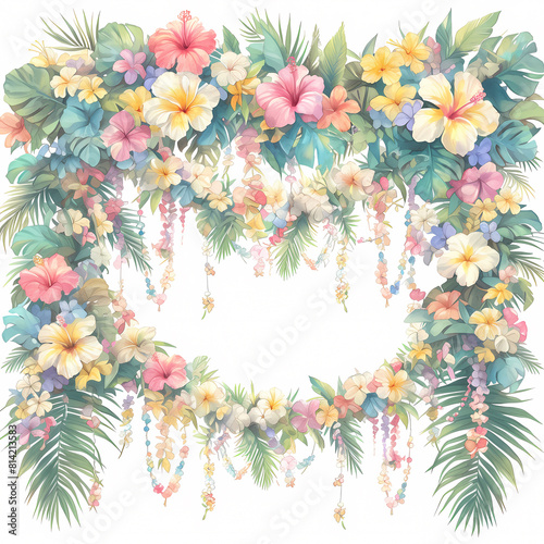 Stunning Hawaiian-inspired Watercolor Archway with Tropical Flowers and Leis