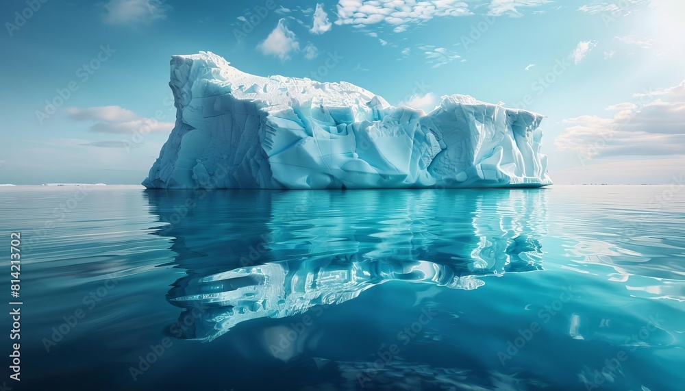 Showcase a majestic iceberg floating in frigid waters, its crystalclear contours reflecting the Arctic sunlight