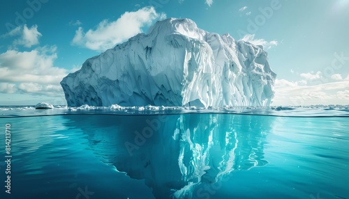 Showcase a majestic iceberg floating in frigid waters  its crystalclear contours reflecting the Arctic sunlight