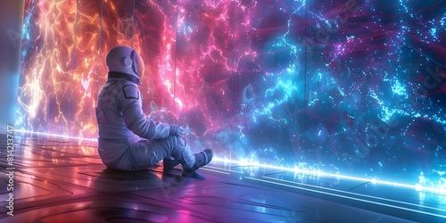 Astronaut in White Spacesuit Sitting on Futuristic Space-Themed Floor. Concept Sci-Fi Photography, Astronaut Portrait, Futuristic Setting, Space Exploration, Creative Composition