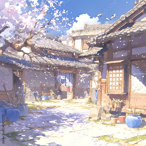 Breathtaking Scenery of a Traditional Japanese Village Surrounded by Flourishing Cherry Blossom Trees