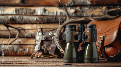 Hunting equipment binoculars on wooden background