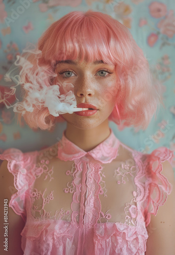 Young Woman with pink hair and blue eyes smoking cigarette, smoking hot