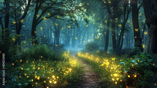 Glowing Fireflies Create a Fairy Tale Forest Path  Illuminating the Magical Enchantment of Nature