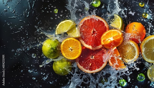 Sketch a burst of citrus  with droplets and fruit slices frozen in midair  vivid against a black backdrop with space for advertising