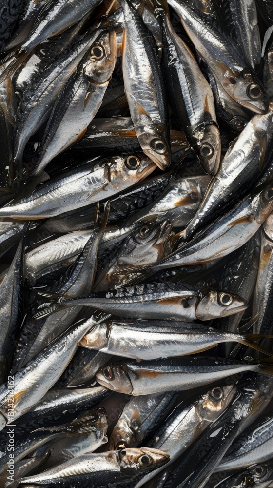Obraz premium Large load of anchovy thrown on a big pile as they are being sold on the fish market. Anchovys in a fish market.
