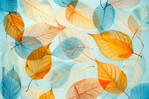 Autumn transparent leaves over blue background