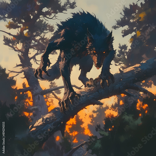 The Wolfman Stalks: A Dark Fantasy Image of a Shadowy Beast in the Thick Woods at Dusk