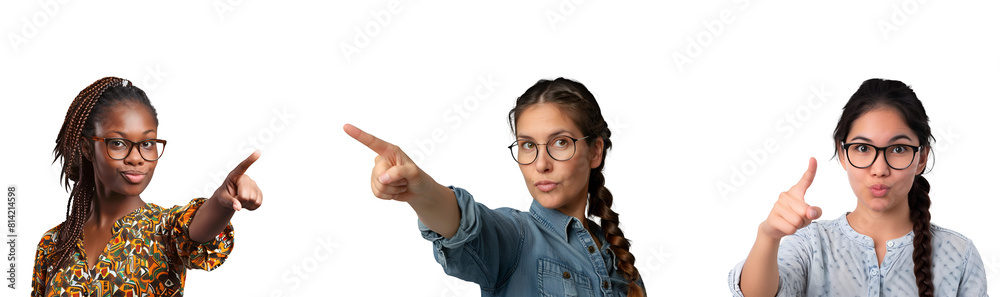 Pointing fingers or showing number one, set of teacher and student in glasses, Isolated on Transparent Background, PNG Pointing fingers or showing number one, set of teacher and student in glasses, Isolated on Transparent Background, PNG
