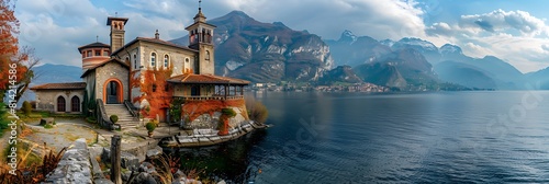 ]Hermitage of Santa Caterina del Sasso on the Maggiore Lake realistic nature and landscape photo