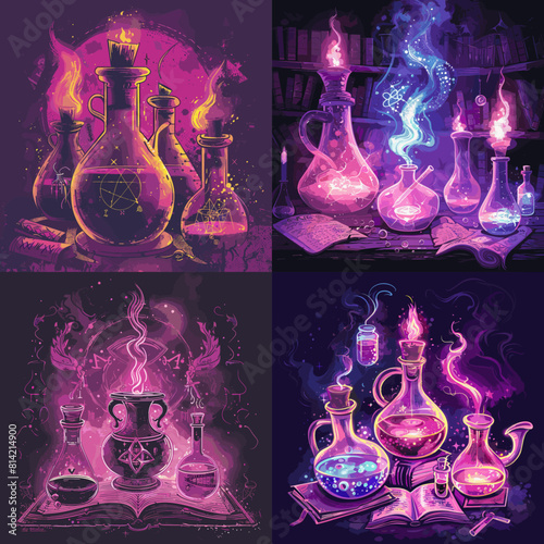 Mystical alchemy potion bottles glowing with pink and purple flames. Fantasy lab scene with magical books, enchanted liquids, and spellbinding energy in a dark magical setting.
