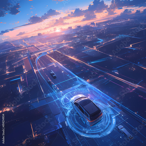 Advanced Self-Driving Car Illustration with Network and Cityscape