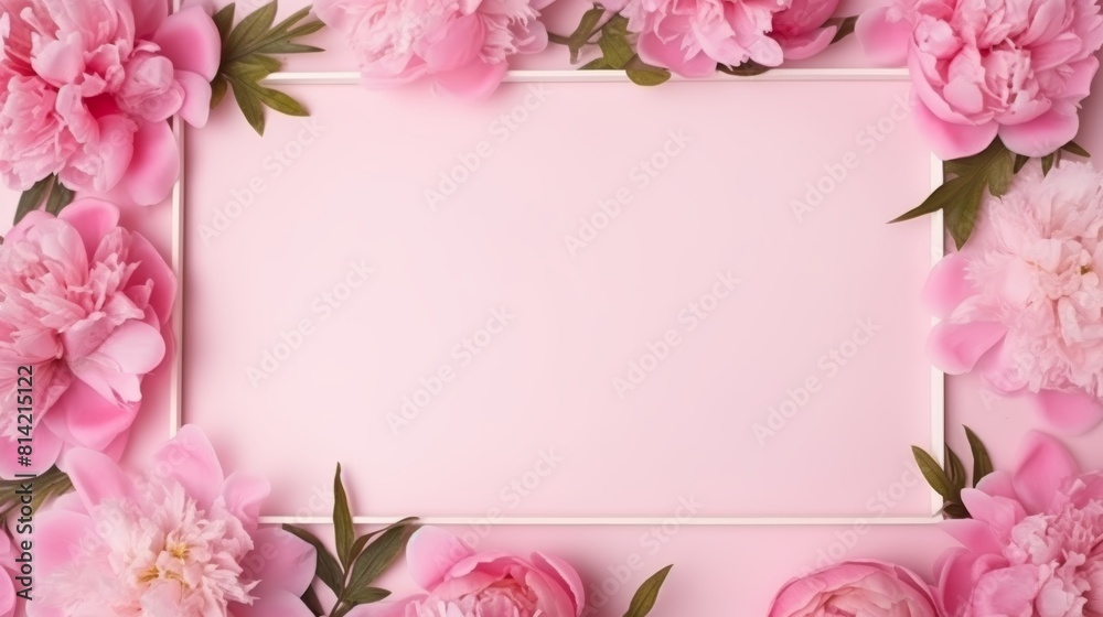 Light pink peony flowers frame with a blank space in the middle for text.