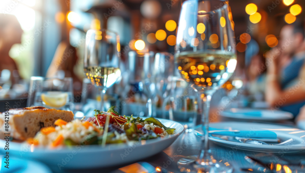 Restaurant table with glass white wine. Elegant dining setting luxury event. Romantic evening party. Wineglass, plate, and silverware. Celebrate. Restaurant table with glass white wine. Elegant dining setting luxury event. Romantic evening party. Wineglass, plate, and silverware. Celebrate.