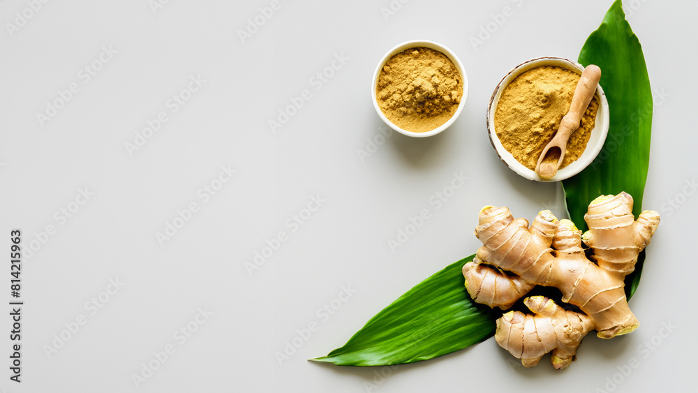 aromatic ginger with leaf and powder with copy space. Generative Ai aromatic ginger with leaf and powder with copy space. Generative Ai