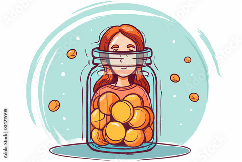 Girl Immersed in Jar of Gold Coins photo