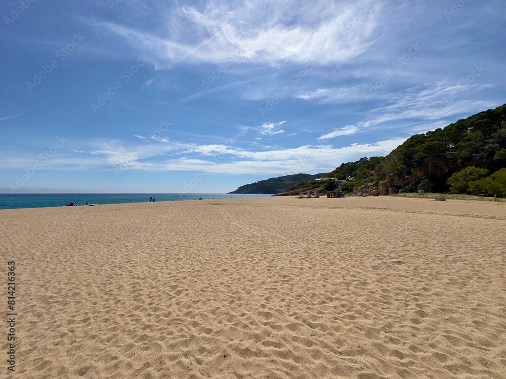 sandy beach Platja del Racó, Platja de Pals with cliffs and rocks, rugged coast, Mediterranean Sea, Begur, Sa Riera, Catalonia, Costa Brava, Girona, Spain sandy beach Platja del Racó, Platja de Pals with cliffs and rocks, rugged coast, Mediterranean Sea, Begur, Sa Riera, Catalonia, Costa Brava, Girona, Spain