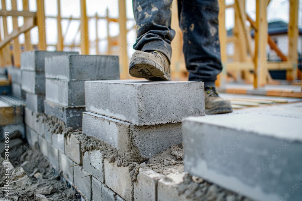 masonry worker make concrete wall by cement block and plaster at construction site
