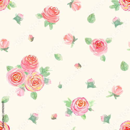 Watercolor roses flowers. Beautiful floral seamless pattern.